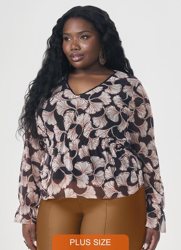 Lisamour - Blusa Decote V Estampada de Manga Longa Preta
