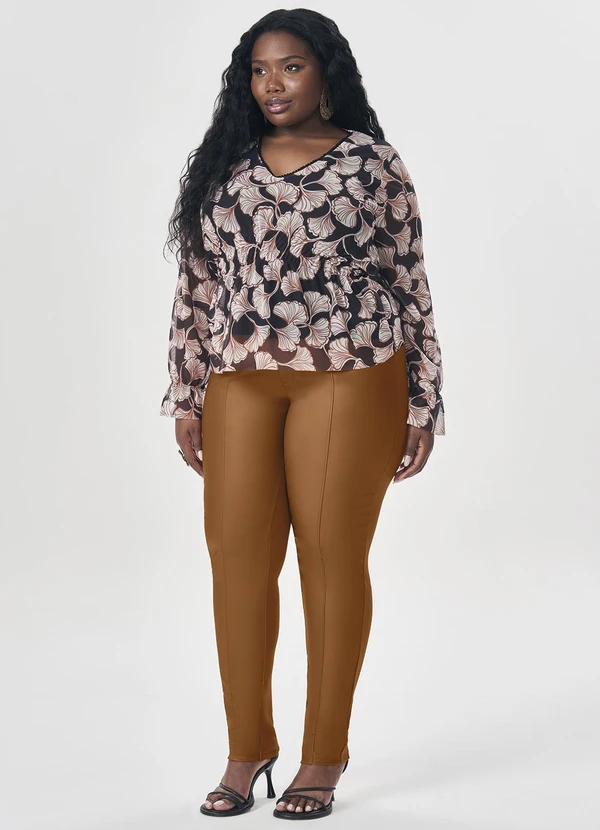 Lisamour - Blusa Decote V Estampada de Manga Longa Preta 2