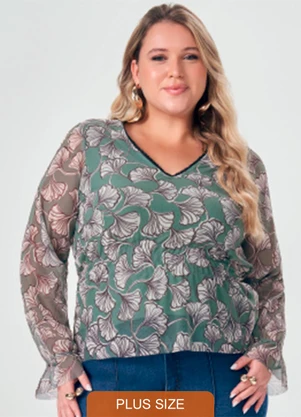 Lisamour - Blusa Decote V Estampada de Manga Longa Verde - LISAMOUR