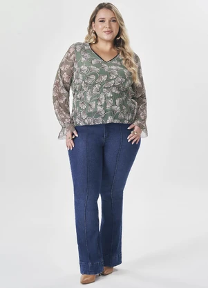 Lisamour - Blusa Decote V Estampada de Manga Longa Verde - LISAMOUR