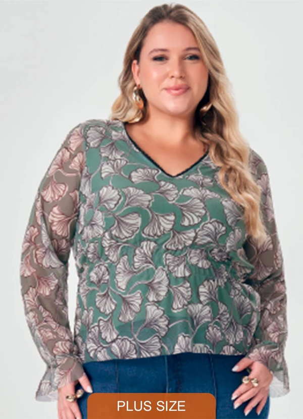 Lisamour - Blusa Decote V Estampada de Manga Longa Verde