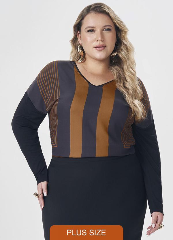 Lisamour - Blusa Decote V Geométrica de Manga Longa Laranja