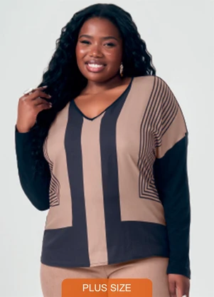 Lisamour - Blusa Decote V Geométrica de Manga Longa Marrom - LISAMOUR