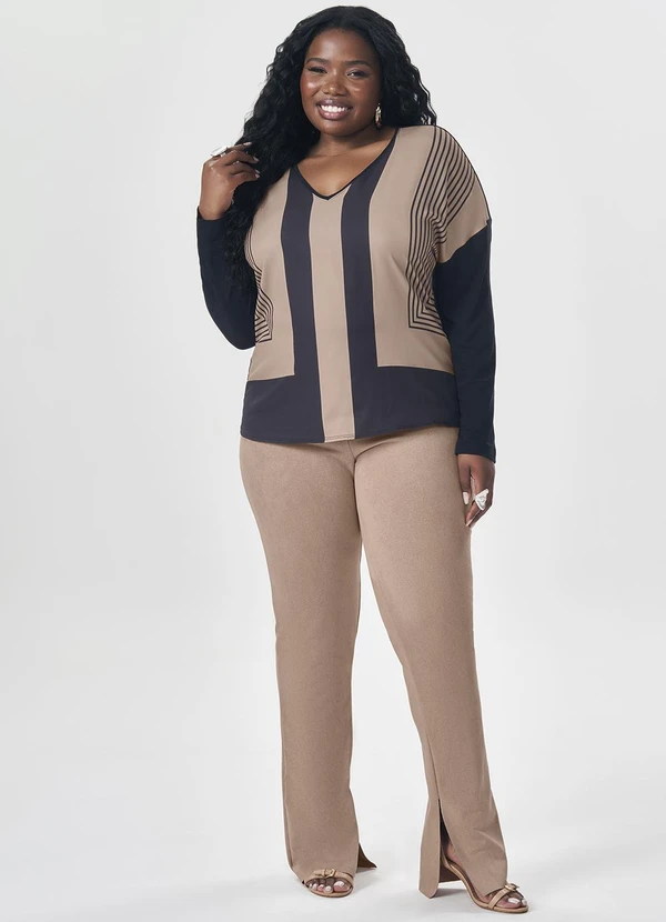 Lisamour - Blusa Decote V Geométrica de Manga Longa Marrom 2