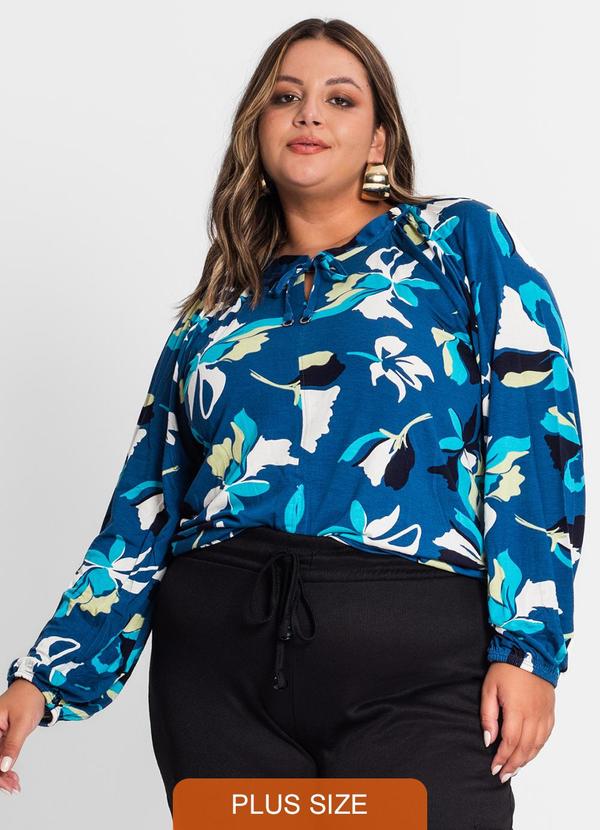 Secret Glam Blusa Estampada Manga Longa Plus Size Azul