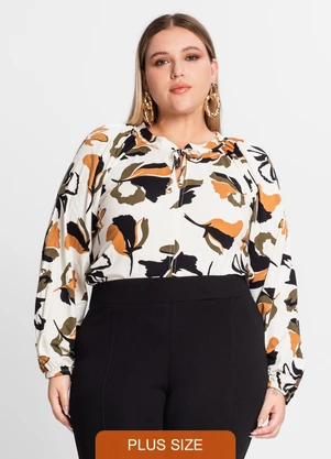 Secret Glam - Blusa Estampada Manga Longa Plus Size Bege - SECRET GLAM
