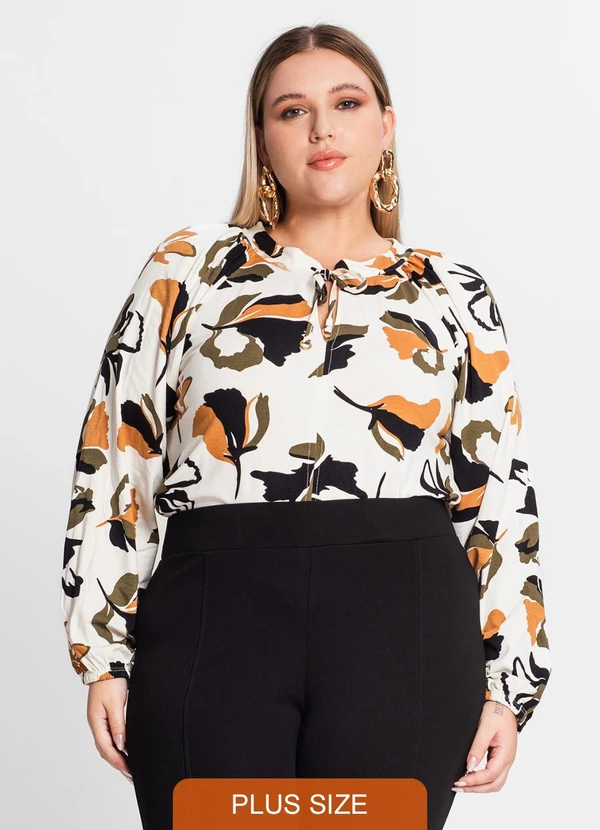 Secret Glam - Blusa Estampada Manga Longa Plus Size Bege