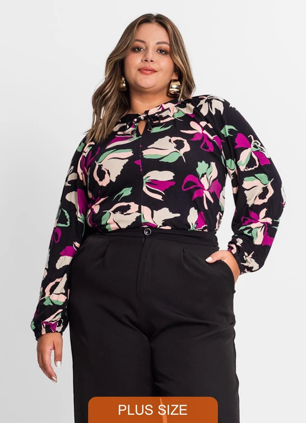 Secret Glam - Blusa Estampada Manga Longa Plus Size Preto