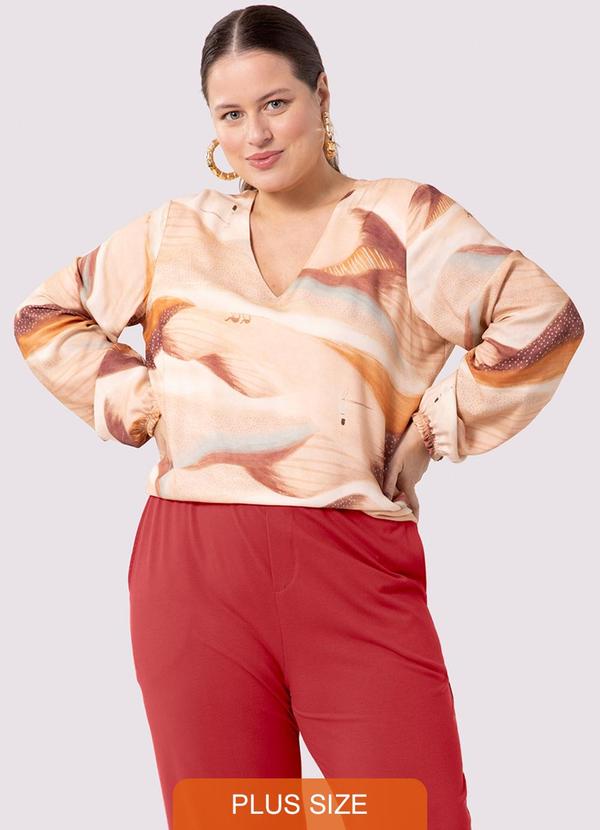 Lunender Mais Mulher - Blusa Estampada Plus Size com Manga Bufante Marrom