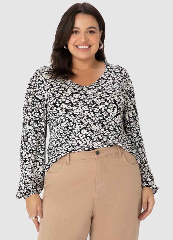 Malwee - Blusa Feminina Floral em Viscolinho Plus Preto