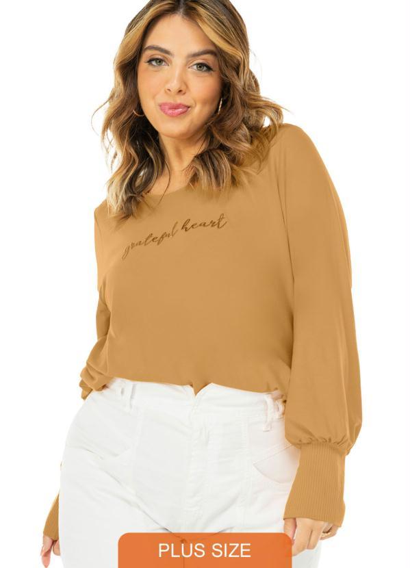 Rovitex Plus Size - Blusa Feminina Manga Longa Heart Amarelo