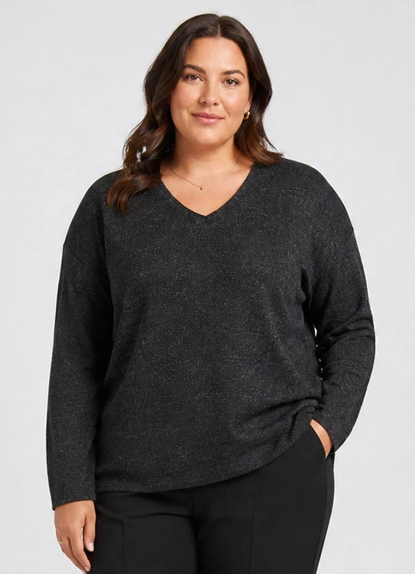 Infinita Cor - Blusa Feminina Plus Decote em V Cinza
