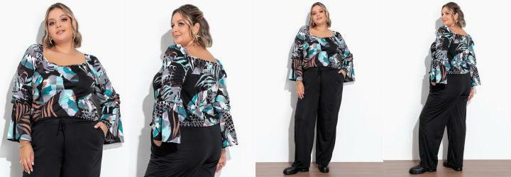 Blusa Floral Preta Babado nas Mangas Plus Size