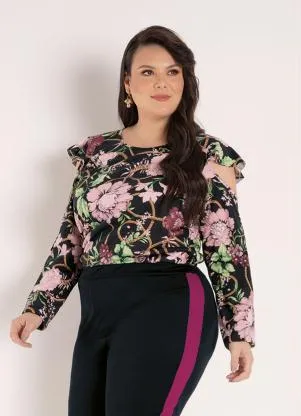 Queima Estoque - Blusa Floral Preta com Mangas Vazadas Plus Size - QUEIMA ESTOQUE