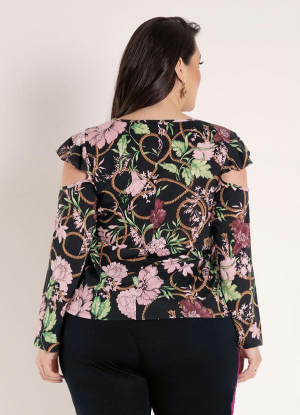 Outlet - Blusa Floral Preta com Mangas Vazadas Plus Size 2