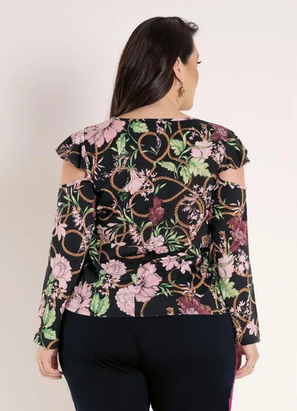 Queima Estoque - Blusa Floral Preta com Mangas Vazadas Plus Size 2
