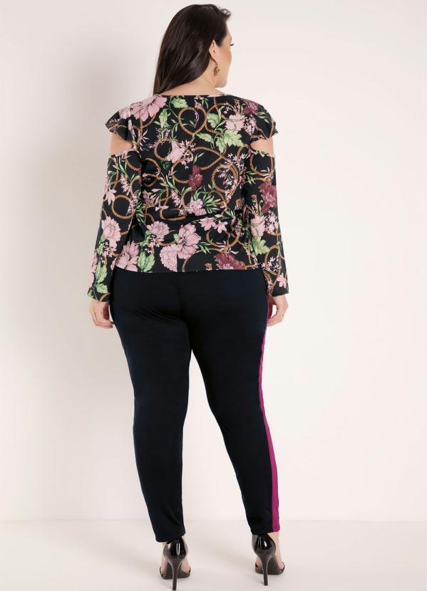 Outlet - Blusa Floral Preta com Mangas Vazadas Plus Size 4