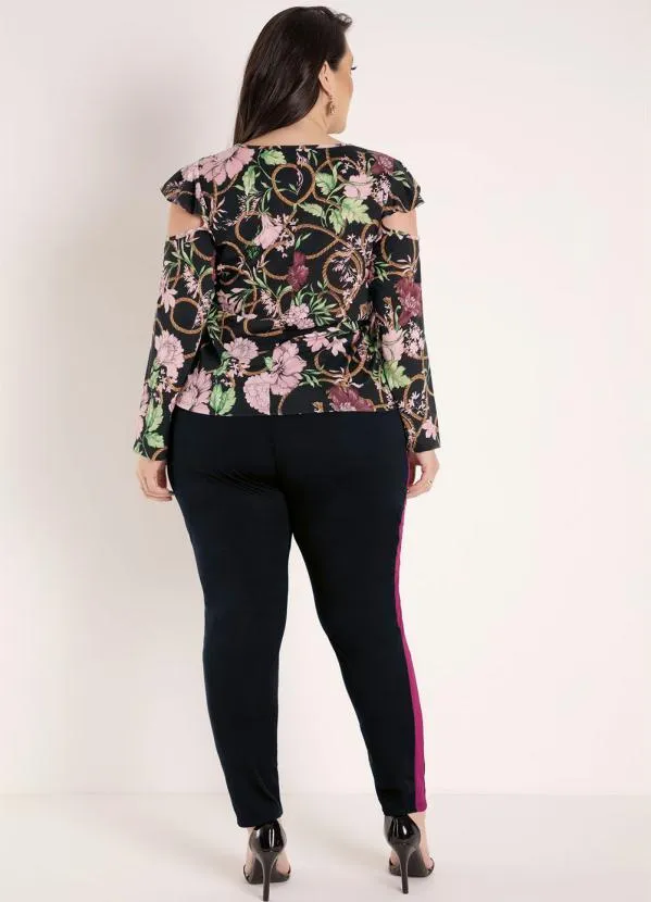 Queima Estoque - Blusa Floral Preta com Mangas Vazadas Plus Size 4