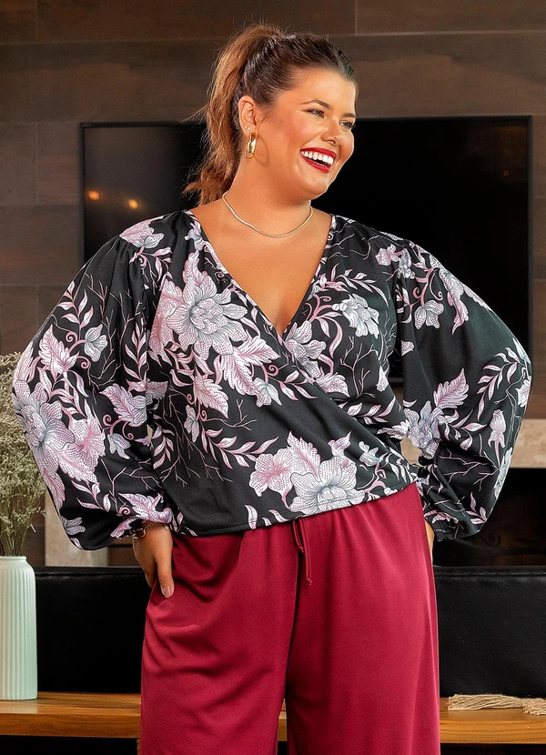 Marguerite - Blusa Floral Preta em Malha