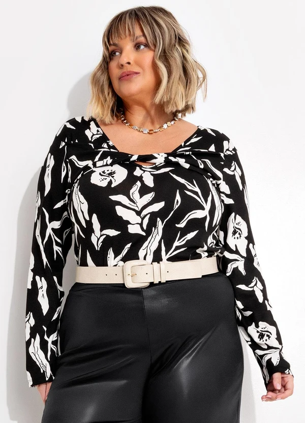 Marguerite - Blusa Folhagem Dark em Malha de Viscose