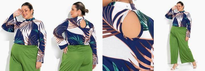 Blusa Folhas Azul com Gota Plus Size