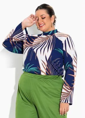 Marguerite - Blusa Folhas Azul com Gota Plus Size - MARGUERITE