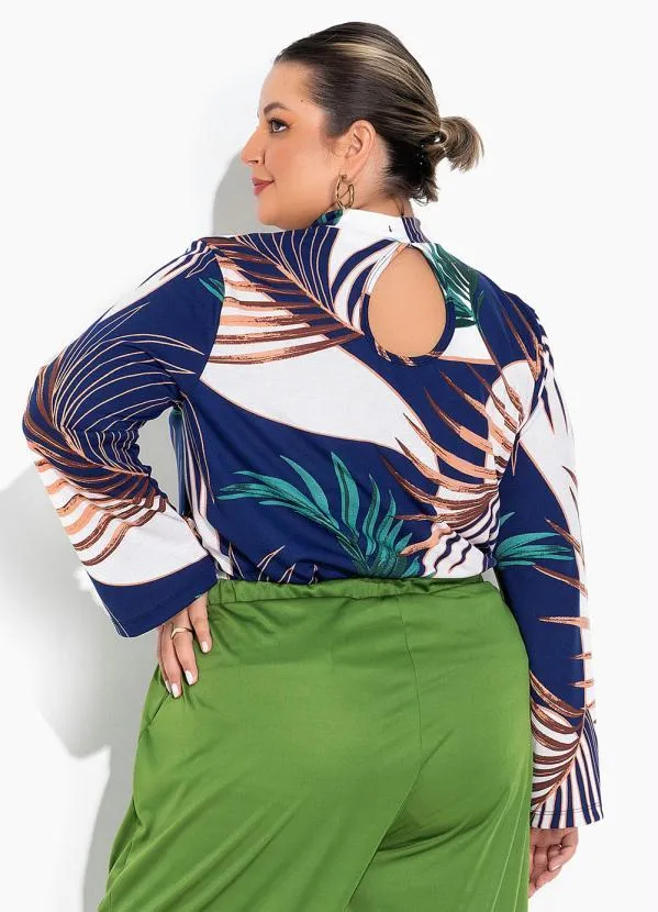 Marguerite - Blusa Folhas Azul com Gota Plus Size 4