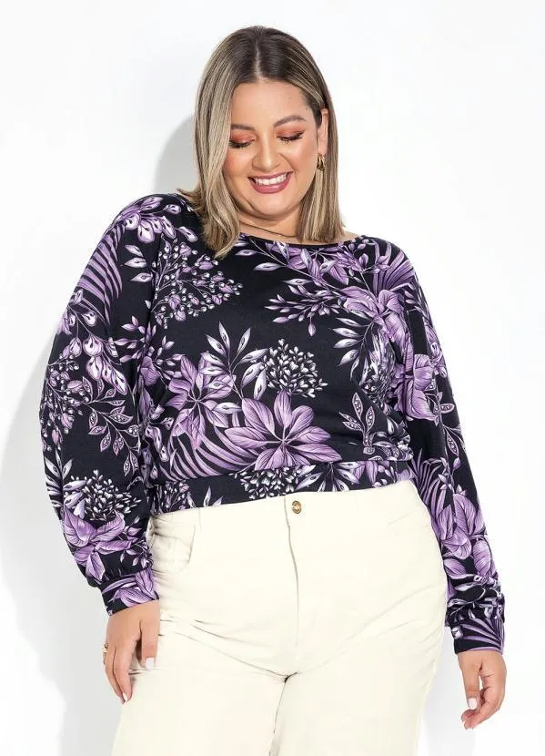 Marguerite - Blusa Folhas Roxa com Costas Vazadas Plus Size