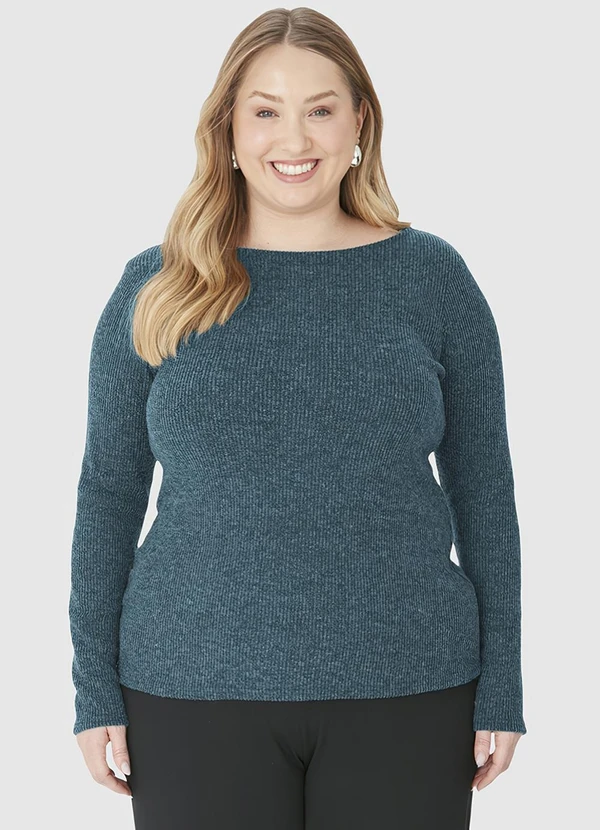 Malwee - Blusa Justa Canelada em Tricot Plus Azul