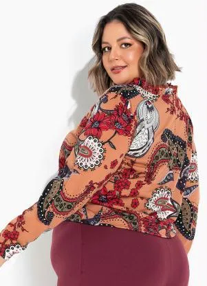 Marguerite - Blusa Lenço Marrom com Gola Frufru Plus Size - MARGUERITE
