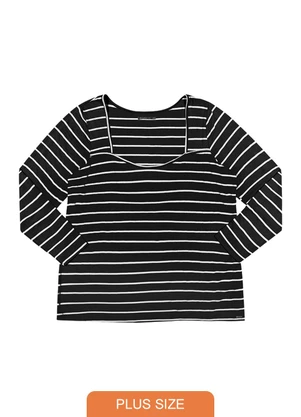 Outlet - Blusa Listrada Manga Longa Plus SizePreto - OUTLET