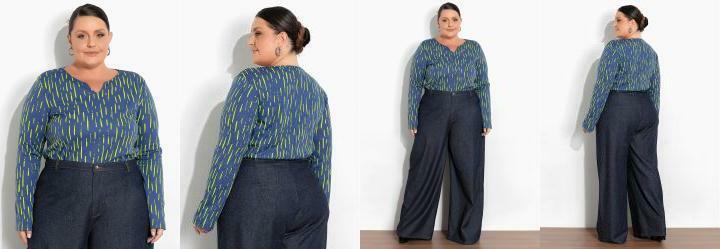 Blusa Listras Azul com Mangas Plus Size