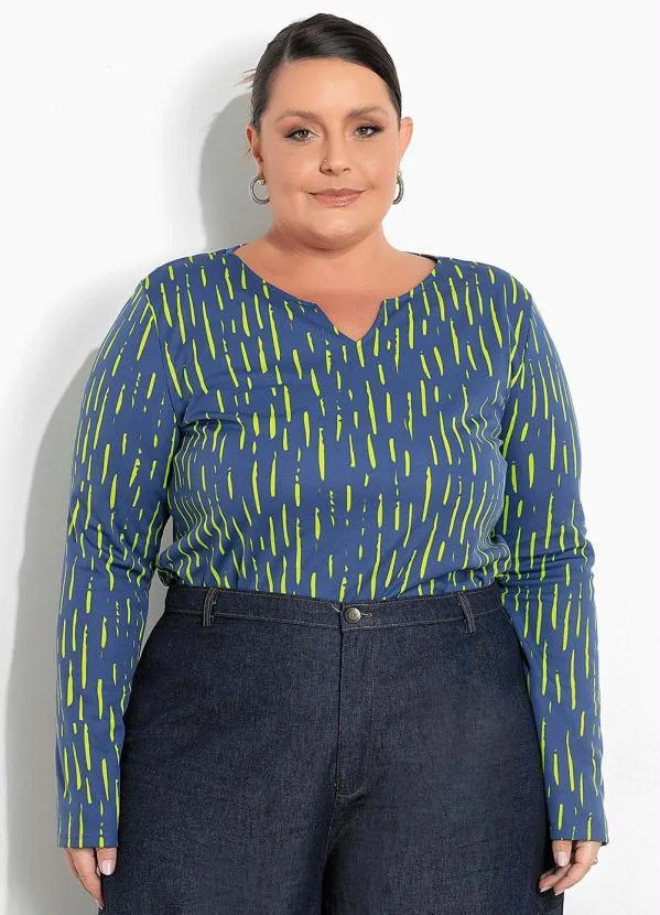 Marguerite - Blusa Listras Azul com Mangas Plus Size