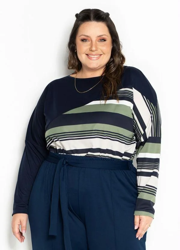 Marguerite - Blusa Listras Verde com Recortes Plus Size