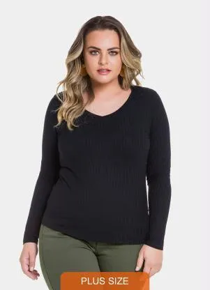 Lunender Mais Mulher - Blusa Malha Canelado Tracy Preto Reativo - LUNENDER MAIS MULHER