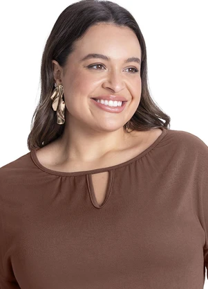 Outlet - Blusa Manga Ampla Plus Size Feminino Marrom - OUTLET