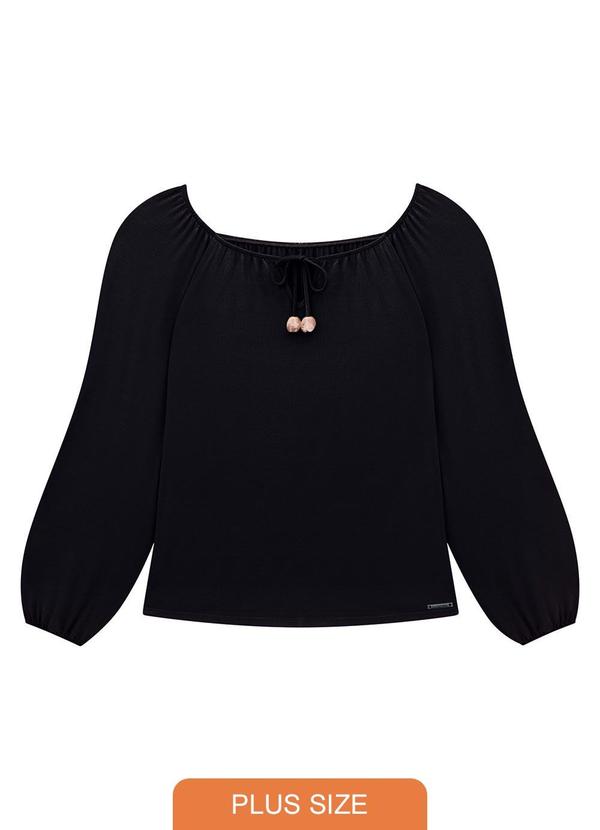 Lunender Mais Mulher - Blusa Manga Longa Bufante Plus Size com Amarração Preto