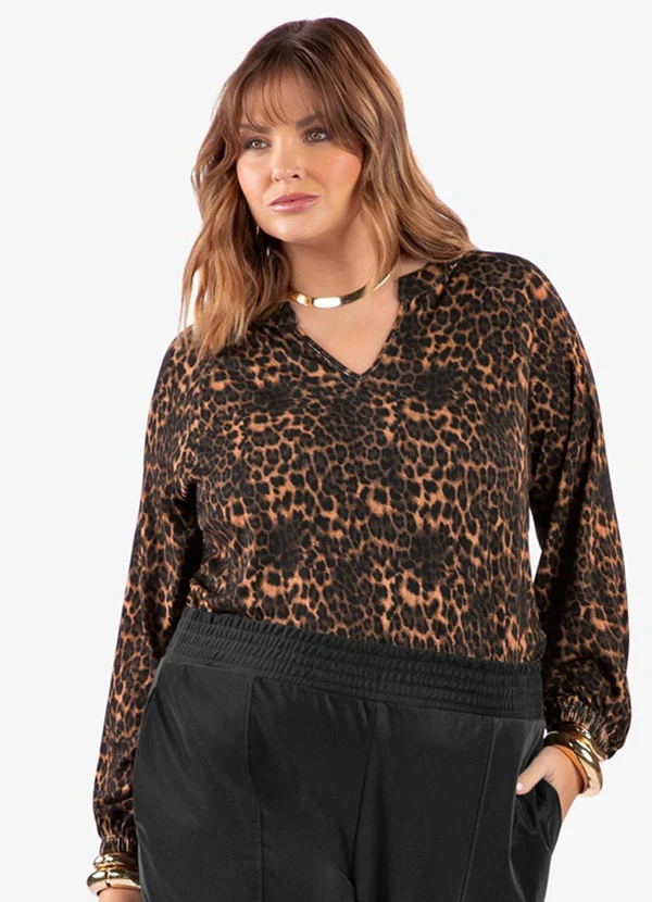 Secret Glam - Blusa Manga Longa Estampa Onça Plus Marrom