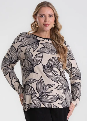 Secret Glam - Blusa Manga Longa Estampada Plus Size Bege - SECRET GLAM