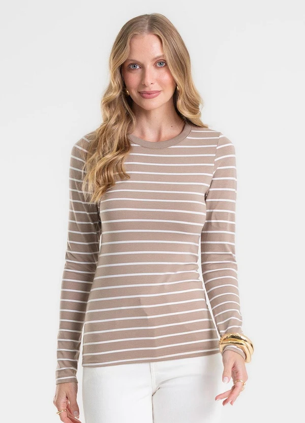 Rovitex - Blusa Manga Longa Listrada Plus Bege