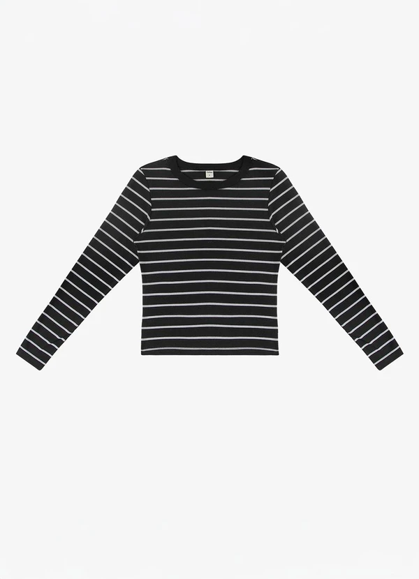 Rovitex - Blusa Manga Longa Listrada Plus Preto