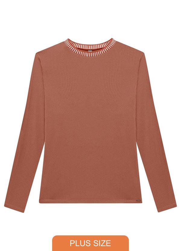 Lunender Mais Mulher - Blusa Manga Longa Plus Size Canelada com Retilínea Marrom