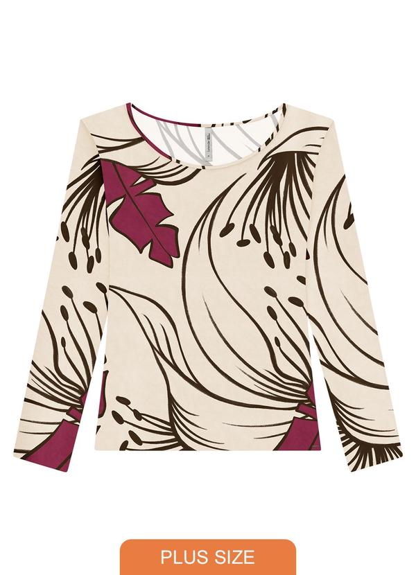 Lunender Mais Mulher - Blusa Manga Longa Plus Size em Malha Estampada Off White