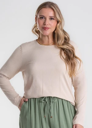 Secret Glam - Blusa Manga Longa Ribana Canelada Bege - SECRET GLAM