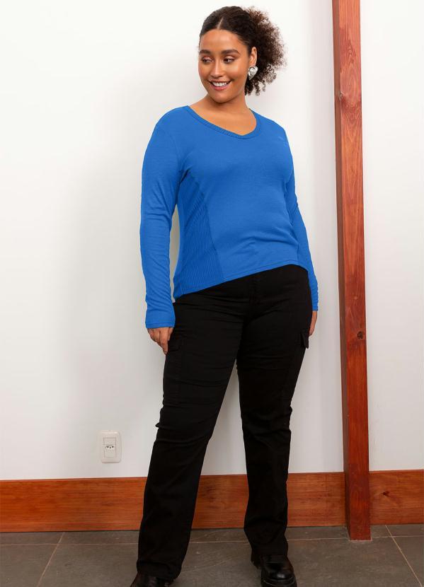Lisamour - Blusa Manga Longa Tricot com Recortes Azul 3