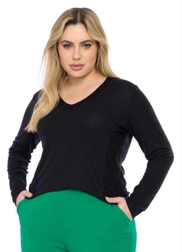 Lisamour - Blusa Manga Longa Tricot com Recortes Preto