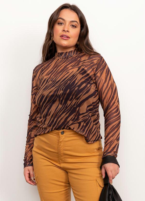 Lisamour - Blusa Manga Longa Tule Animal Print Marrom