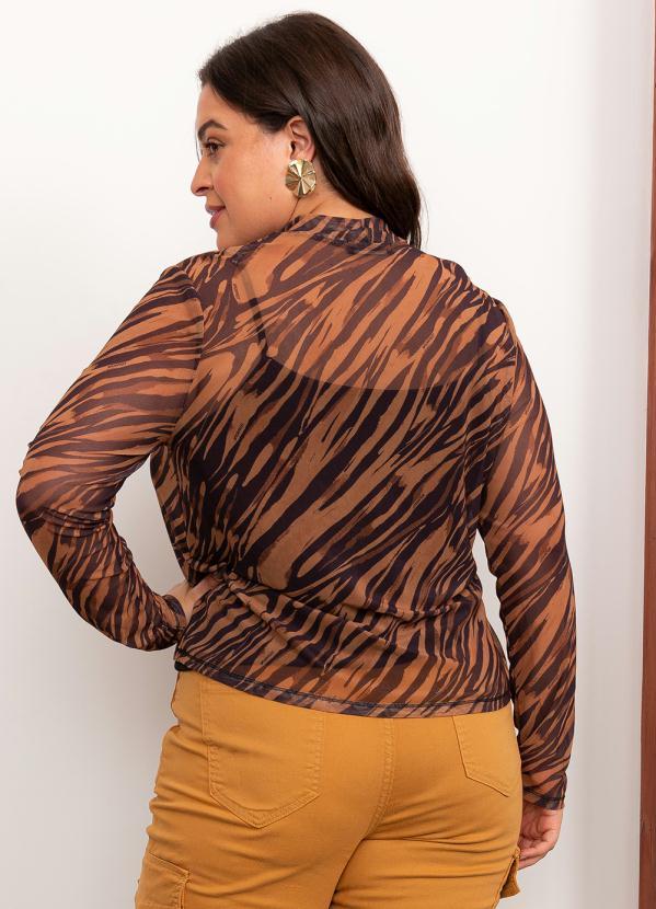 Lisamour - Blusa Manga Longa Tule Animal Print Marrom 2