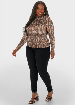 Malwee - Blusa Marrom Justa Animal Print em Tule - MALWEE