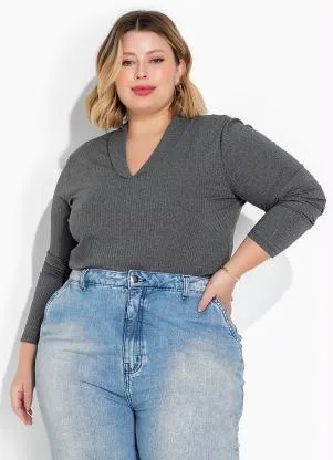 Marguerite - Blusa Mescla com Gola em Ribana Plus Size - MARGUERITE